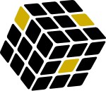 Vector Rubik's cube falling at an angle with three stickers missing in classic black and yellow T-LARC colours